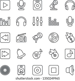 Thin Line Icon Set - vinyl vector, flame disk, microphone, radio, settings, equalizer, headphones, speaker, play button, stop, fast forward, rewind, rec, bell, music, sound