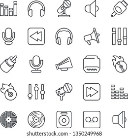 Thin Line Icon Set - vinyl vector, flame disk, microphone, speaker, loudspeaker, settings, equalizer, headphones, fast forward, rewind, rca, hdmi, record, sound