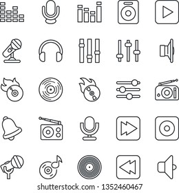 Thin Line Icon Set - vinyl vector, flame disk, microphone, radio, speaker, settings, equalizer, headphones, play button, fast forward, rewind, rec, tuning, bell, music, sound