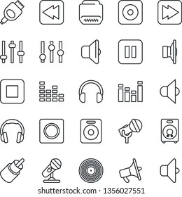 Thin Line Icon Set - vinyl vector, microphone, speaker, loudspeaker, settings, equalizer, headphones, pause button, stop, fast forward, rewind, rec, rca, hdmi, tuning, record, sound