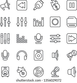 Thin Line Icon Set - vinyl vector, flame disk, microphone, speaker, loudspeaker, settings, equalizer, headphones, pause button, fast forward, rewind, hdmi, tuning, record, sound