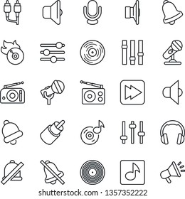 Thin Line Icon Set - vinyl vector, flame disk, microphone, radio, speaker, settings, headphones, fast forward, rca, tuning, bell, mute, music, sound, advertising