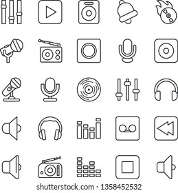 Thin Line Icon Set - vinyl vector, flame disk, microphone, radio, speaker, settings, equalizer, headphones, play button, stop, rewind, rec, tuning, bell, record, sound