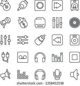 Thin Line Icon Set - vinyl vector, flame disk, microphone, loudspeaker, settings, equalizer, headphones, speaker, stop button, fast forward, rewind, rca, hdmi, tuning, record, sound