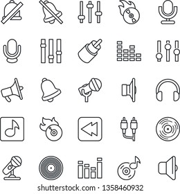 Thin Line Icon Set - vinyl vector, flame disk, microphone, speaker, loudspeaker, settings, equalizer, headphones, rewind, rca, tuning, bell, mute, music, sound