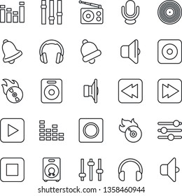 Thin Line Icon Set - vinyl vector, flame disk, radio, speaker, settings, equalizer, microphone, headphones, play button, stop, fast forward, rewind, rec, tuning, bell, record, sound