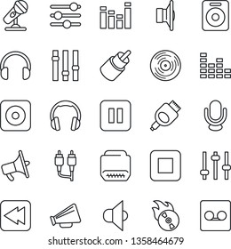 Thin Line Icon Set - vinyl vector, flame disk, microphone, speaker, loudspeaker, settings, equalizer, headphones, pause button, stop, rewind, rec, rca, hdmi, tuning, record