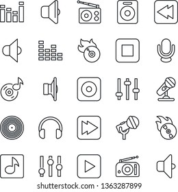 Thin Line Icon Set - vinyl vector, flame disk, microphone, radio, speaker, settings, equalizer, headphones, play button, stop, fast forward, rewind, rec, tuning, music, sound