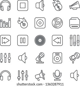 Thin Line Icon Set - vinyl vector, flame disk, microphone, speaker, loudspeaker, settings, equalizer, headphones, pause button, stop, fast forward, rewind, rec, hdmi, tuning, sound