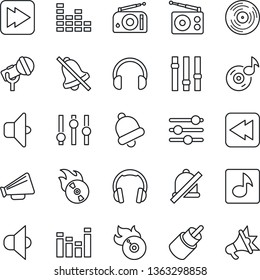 Thin Line Icon Set - vinyl vector, flame disk, microphone, radio, speaker, loudspeaker, settings, equalizer, headphones, fast forward, rewind, rca, tuning, bell, mute, music, sound, advertising