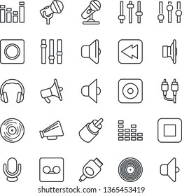 Thin Line Icon Set - vinyl vector, microphone, speaker, loudspeaker, settings, equalizer, headphones, stop button, rewind, rec, rca, hdmi, tuning, record, sound