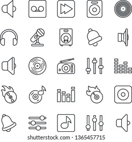 Thin Line Icon Set - vinyl vector, flame disk, microphone, radio, speaker, settings, equalizer, headphones, fast forward, rec button, tuning, bell, record, music, sound