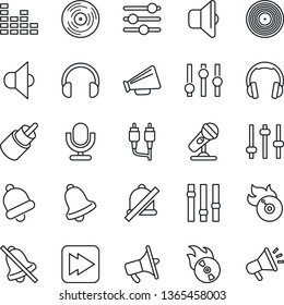 Thin Line Icon Set - vinyl vector, flame disk, microphone, speaker, loudspeaker, settings, equalizer, headphones, fast forward, rca, tuning, bell, mute, sound, advertising