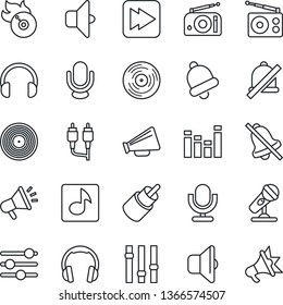 Thin Line Icon Set - vinyl vector, flame disk, microphone, radio, loudspeaker, settings, equalizer, headphones, fast forward, rca, tuning, bell, mute, music, sound, advertising