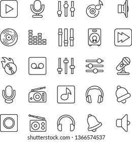 Thin Line Icon Set - vinyl vector, flame disk, microphone, radio, speaker, settings, equalizer, headphones, play button, fast forward, tuning, bell, record, music, sound