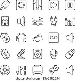 Thin Line Icon Set - vinyl vector, flame disk, microphone, speaker, loudspeaker, settings, equalizer, headphones, pause button, fast forward, rca, hdmi, tuning, record, sound