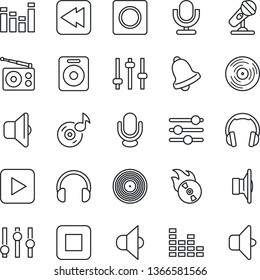 Thin Line Icon Set - vinyl vector, flame disk, microphone, radio, speaker, settings, equalizer, headphones, play button, stop, rewind, tuning, bell, record, music, sound