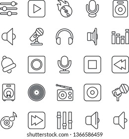 Thin Line Icon Set - vinyl vector, flame disk, microphone, radio, speaker, settings, equalizer, headphones, play button, stop, fast forward, rewind, rec, tuning, bell, record, music, sound