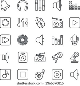 Thin Line Icon Set - vinyl vector, flame disk, microphone, radio, speaker, settings, equalizer, headphones, play button, stop, fast forward, rec, bell, record, music, sound