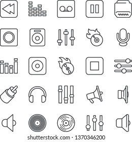 Thin Line Icon Set - vinyl vector, flame disk, speaker, loudspeaker, settings, equalizer, microphone, headphones, pause button, stop, rewind, rec, rca, hdmi, tuning, record, sound