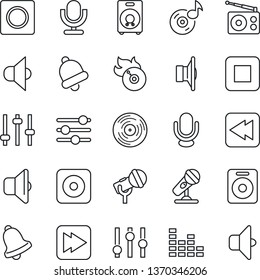 Thin Line Icon Set - vinyl vector, flame disk, microphone, radio, speaker, settings, equalizer, stop button, fast forward, rewind, rec, tuning, bell, record, music, sound