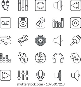 Thin Line Icon Set - vinyl vector, flame disk, microphone, speaker, settings, equalizer, headphones, fast forward, rewind, rec button, rca, hdmi, tuning, record, sound