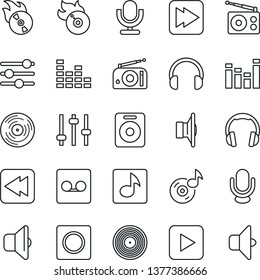 Thin Line Icon Set - vinyl vector, flame disk, radio, speaker, equalizer, microphone, headphones, play button, fast forward, rewind, tuning, record, music, sound