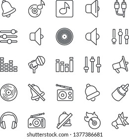 Thin Line Icon Set - vinyl vector, flame disk, microphone, radio, speaker, loudspeaker, settings, equalizer, headphones, rca, tuning, bell, mute, music, sound, advertising
