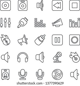 Thin Line Icon Set - vinyl vector, flame disk, microphone, speaker, loudspeaker, settings, equalizer, headphones, pause button, stop, rewind, rec, rca, hdmi, record, sound