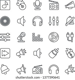 Thin Line Icon Set - vinyl vector, flame disk, microphone, radio, speaker, loudspeaker, settings, equalizer, headphones, fast forward, rca, tuning, bell, mute, music, sound, advertising