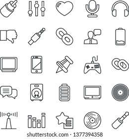 Thin Line Icon Set - vinyl vector, antenna, gamepad, settings, equalizer, tv, microphone, cell phone, dialog, speaker, headphones, chain, finger down, favorites list, heart, paper pin, battery, low
