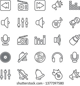 Thin Line Icon Set - vinyl vector, flame disk, microphone, radio, speaker, settings, equalizer, headphones, fast forward, rewind, rca, tuning, bell, mute, music, sound, advertising