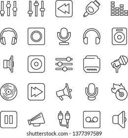 Thin Line Icon Set - vinyl vector, flame disk, microphone, speaker, loudspeaker, settings, equalizer, headphones, pause button, fast forward, rewind, rec, rca, hdmi, tuning, record, sound