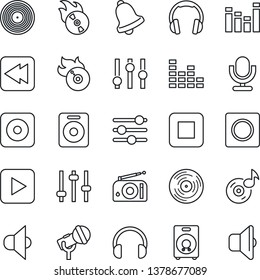 Thin Line Icon Set - vinyl vector, flame disk, microphone, radio, speaker, settings, equalizer, headphones, play button, stop, rewind, rec, tuning, bell, record, music, sound
