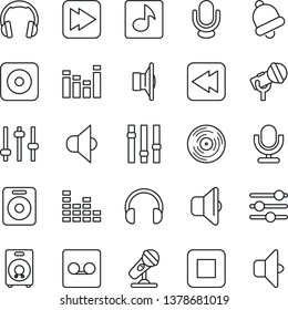 Thin Line Icon Set - vinyl vector, microphone, speaker, settings, equalizer, headphones, stop button, fast forward, rewind, rec, tuning, bell, record, music, sound