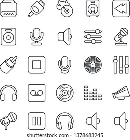 Thin Line Icon Set - vinyl vector, flame disk, microphone, speaker, loudspeaker, settings, equalizer, headphones, pause button, stop, rewind, rca, hdmi, tuning, record, sound
