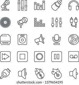 Thin Line Icon Set - vinyl vector, flame disk, microphone, loudspeaker, settings, equalizer, headphones, speaker, pause button, stop, fast forward, rca, hdmi, record, sound