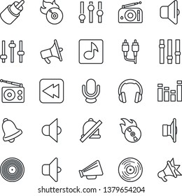 Thin Line Icon Set - vinyl vector, flame disk, radio, speaker, loudspeaker, settings, equalizer, microphone, headphones, rewind, rca, tuning, bell, mute, music, sound, advertising