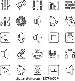 Thin Line Icon Set - vinyl vector, flame disk, microphone, speaker, settings, equalizer, headphones, stop button, fast forward, rewind, tuning, bell, record, sound