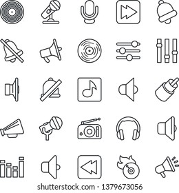 Thin Line Icon Set - vinyl vector, flame disk, microphone, radio, speaker, loudspeaker, settings, equalizer, headphones, fast forward, rewind, rca, tuning, bell, mute, music, sound, advertising