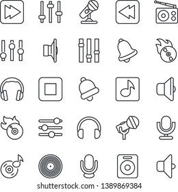 Thin Line Icon Set - vinyl vector, flame disk, microphone, radio, speaker, settings, headphones, stop button, fast forward, rewind, tuning, bell, music, sound