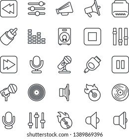 Thin Line Icon Set - vinyl vector, flame disk, microphone, speaker, loudspeaker, settings, equalizer, pause button, stop, fast forward, rewind, rca, hdmi, tuning, sound