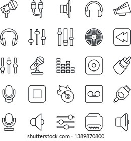 Thin Line Icon Set - vinyl vector, flame disk, microphone, speaker, loudspeaker, settings, equalizer, headphones, stop button, rewind, rec, rca, hdmi, tuning, record, sound