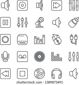 Thin Line Icon Set - vinyl vector, flame disk, microphone, speaker, settings, equalizer, headphones, pause button, stop, fast forward, rewind, rec, rca, hdmi, tuning, record, sound