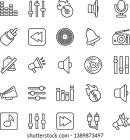 Thin Line Icon Set - vinyl vector, flame disk, radio, speaker, loudspeaker, settings, equalizer, microphone, fast forward, rewind, rca, tuning, bell, mute, music, sound, advertising