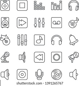 Thin Line Icon Set - vinyl vector, flame disk, microphone, speaker, settings, equalizer, headphones, stop button, fast forward, rewind, rec, bell, record, music, sound