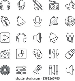 Thin Line Icon Set - vinyl vector, flame disk, microphone, radio, loudspeaker, settings, headphones, fast forward, rca, tuning, bell, mute, music, sound