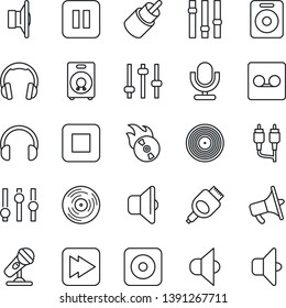 Thin Line Icon Set - vinyl vector, flame disk, microphone, speaker, loudspeaker, settings, headphones, pause button, stop, fast forward, rec, rca, hdmi, tuning, record, sound