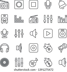 Thin Line Icon Set - vinyl vector, flame disk, microphone, radio, speaker, settings, equalizer, headphones, play button, stop, rec, tuning, bell, record, music, sound