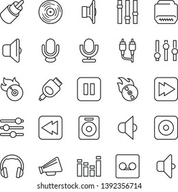 Thin Line Icon Set - vinyl vector, flame disk, speaker, loudspeaker, settings, equalizer, microphone, headphones, pause button, fast forward, rewind, rec, rca, hdmi, tuning, record, sound